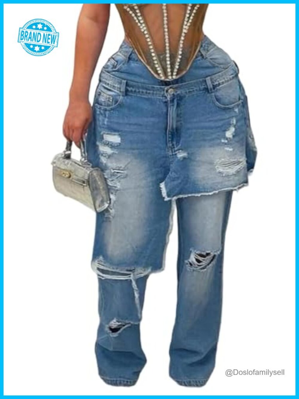 High Waisted Wide Leg Ripped Patchwork Cargo Jeans with Pockets
